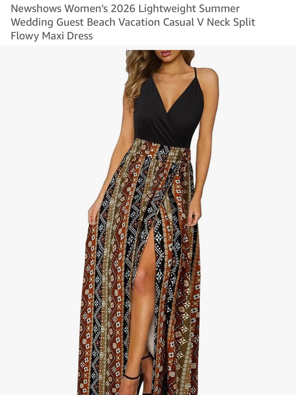 Black V-Neck Maxi Dress with Brown Aztec Print Skirt